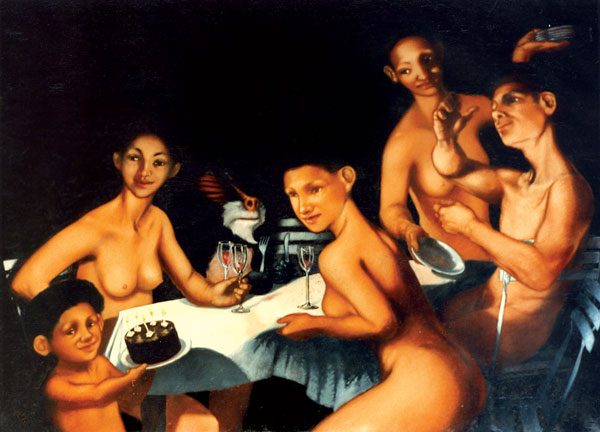 Des personnages nus autour d'une table, un petit garçon porte un gâteau d'anniversaire.