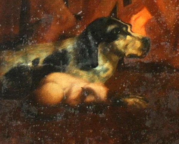Détail du chien et du chat. Le chien est couché, la tête dressée. Le chat dort, ramassé sur lui-même. L'atmosphère brun doré du tableau donne des teintes orangées au pelage du chien.