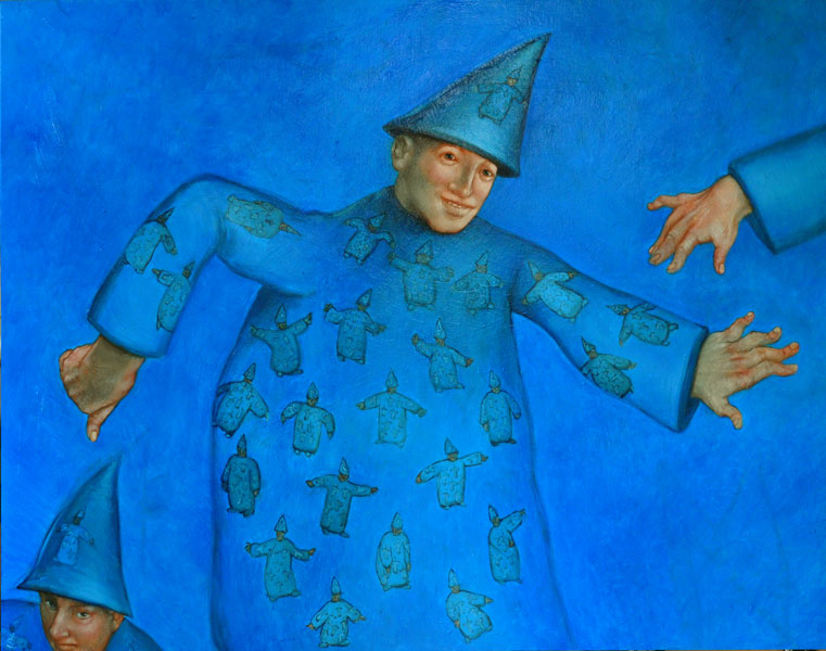 un personnage vêtu d'une grande tunique bleue et d'un chapeau pointu