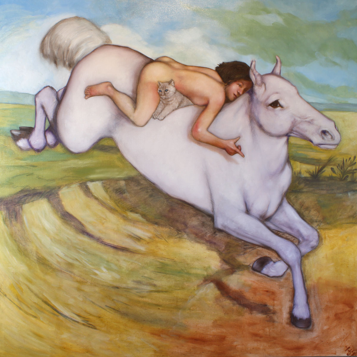 une femme sur un cheval, un chat blanc dans les bras.