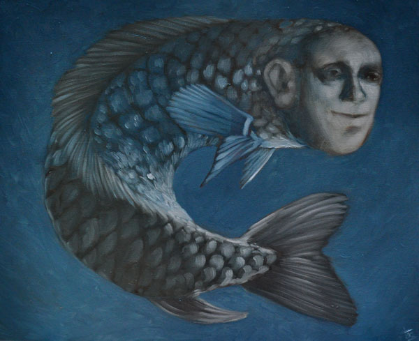 Un poisson bleu à tête d'homme.