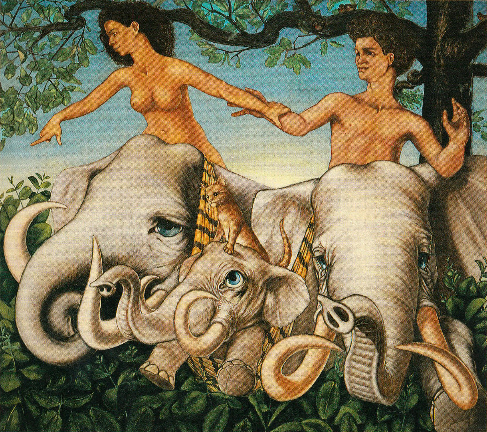 Bondissant d'une haie de grosses feuilles, deux éléphants aux longues défenses recourbées portant un éléphanteau dans un hamac tendu entre eux, sur la tête duquel est dressé un petit chat roux. Les éléphants sont montés par une femme et un homme, nus, se tenant par la main. La femme montre du doigt quelque chose hors du cadre. Sur le ciel bleu se découpe un arbre et sur ses branches, des rouge-gorges regardent la scène. Les éléphants ont les yeux bleus.