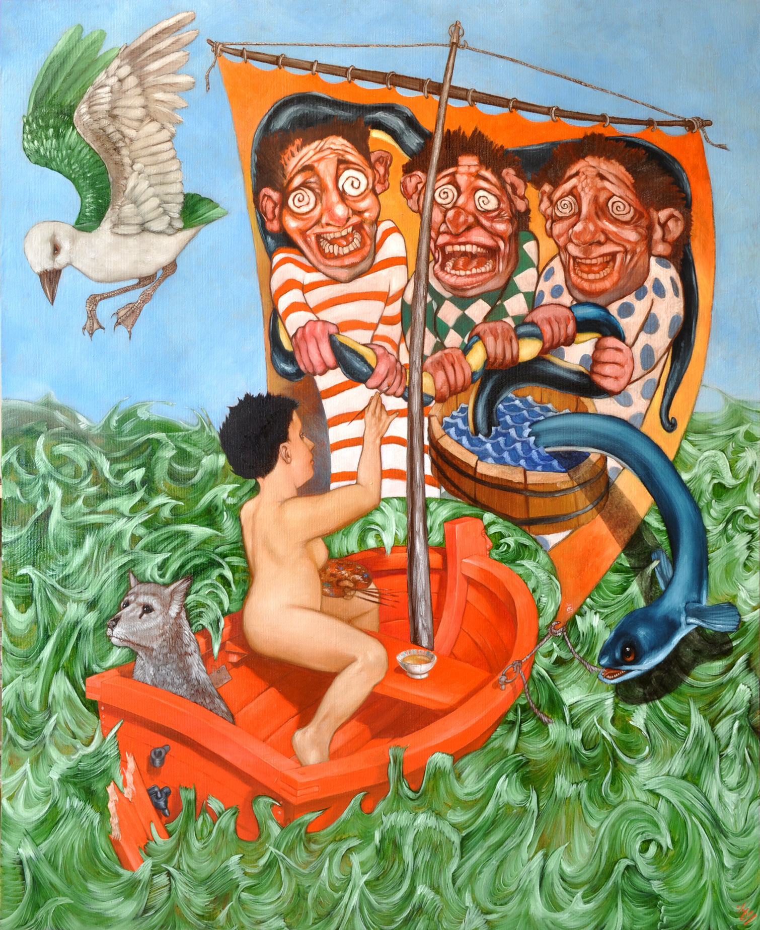 Une peintresse, nue dans une barque rouge, accompagnée d'un chien gris. La palette à la main, elle peint sur la voile de sa barque trois personnages caricaturaux, hilares, qui essayent de noyer une anguille dans un baquet d'eau. Une mouette dans le ciel bleu clair. 