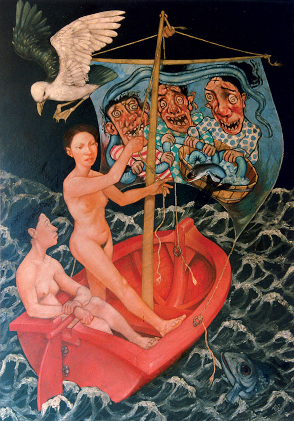 deux femmes dans une barque, des personnages inquiétants peints sur la voile, tempête