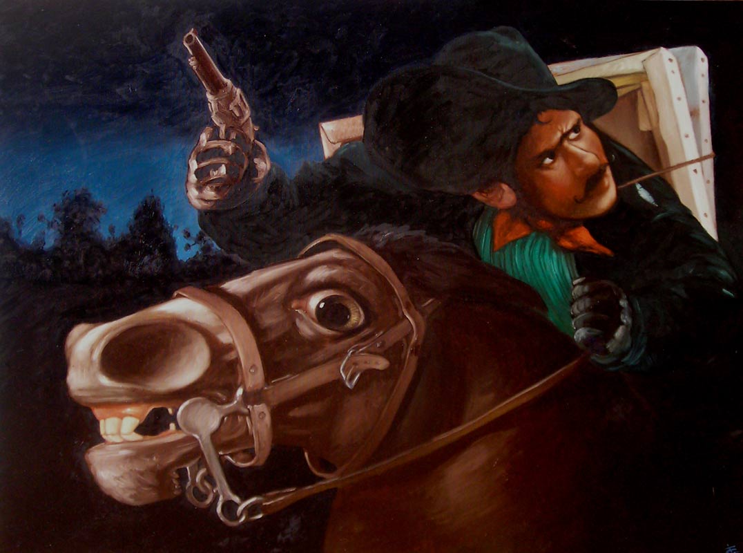 En plan rapproché, la nuit, les têtes d'un cheval effrayé et de son cavalier. Le cavalier, moustache en guidon de vélo et favoris noirs est penché sur sa monture. Il a l'air en colère et regarde derrière lui, tenant d'une main un rène et  de l'autre un vieux pistolet brandit vers le ciel. Il porte une redingote noire avec un accroc sur l'épaule, un chapeau noir à large bord et ruban rouge, une chemise rayée verte et un foulard rouge autour du cou. Sur son dos sont attachés par une cordelette deux tableaux. Le cheval est hors d'haleine, la bouche ouverte sur des dents jaunes proéminentes, la tête entravée par les sangles du harnais, du mors, des rènes.