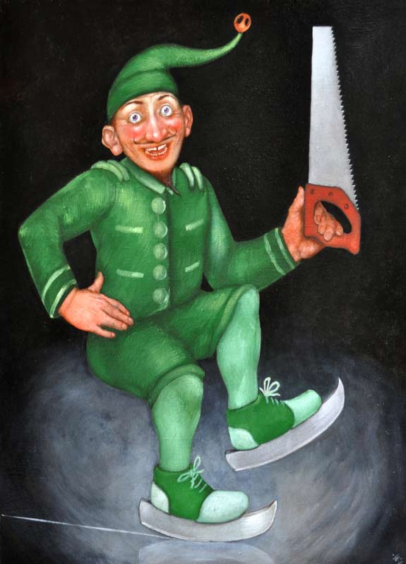 Un lutin, vêtu d'un costume vert et d'un bonnet à grelot. Il est chaussé de patins à glace et file sur une patinoire grise qui se perd dans l'obscurité. D'une main, il brandit une scie égoïne en ricanant.