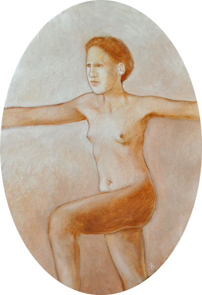 Jeune femme nue qui marche, les bras écartés et la jambe tendue à angle droit. Elle est très pâle, monochrome d'ocre rouge sur un fond presque blanc.