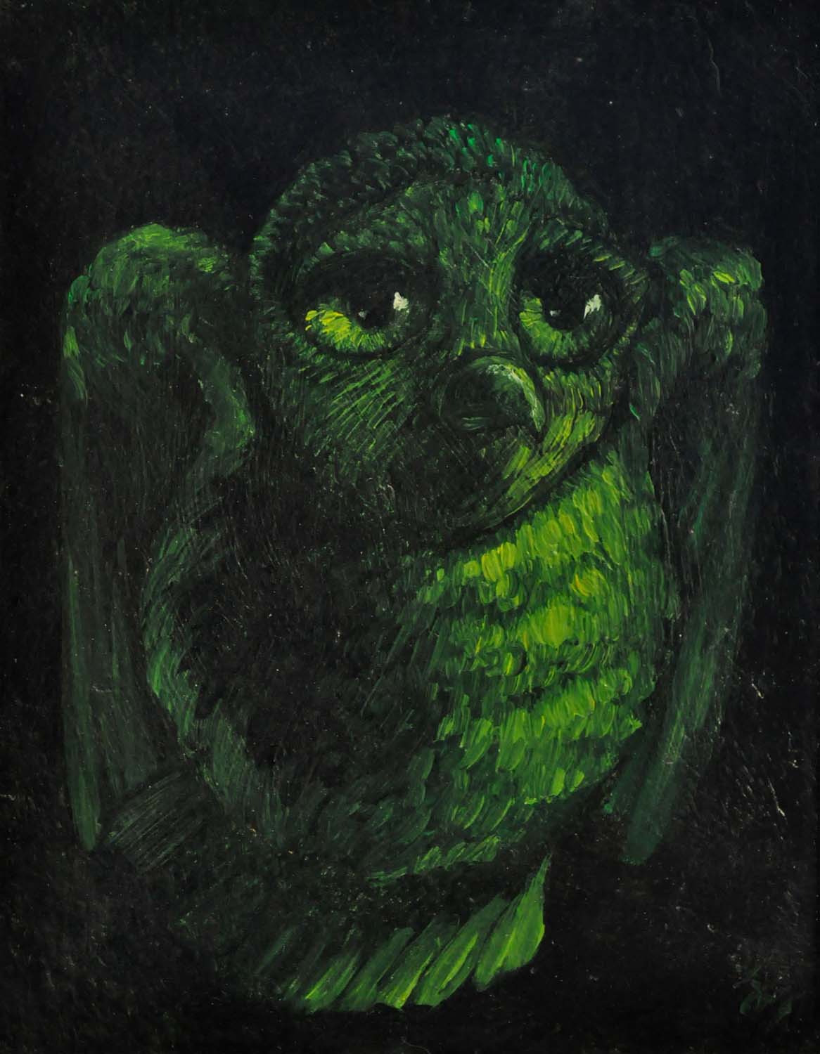 Chouette verte, qui prend son envol, les ailes commençant à peine à se déplier. Elle a le regard à la fois las et alerte, les paupières un peu baissées, comme le regard d'Hegel sur son portrait peint par Jakob Schlesinger, qui semble surpris par quelqu'un qui l'appelle.