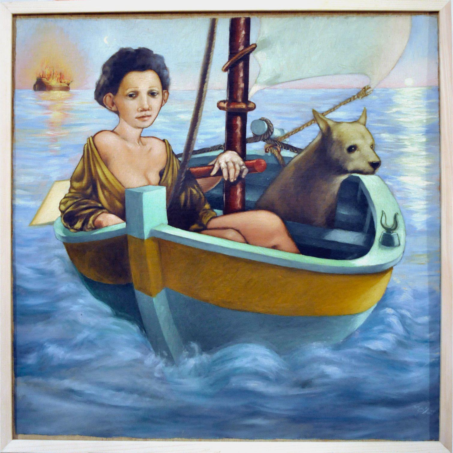Une femme et un chien dans une barque sur l'océan.