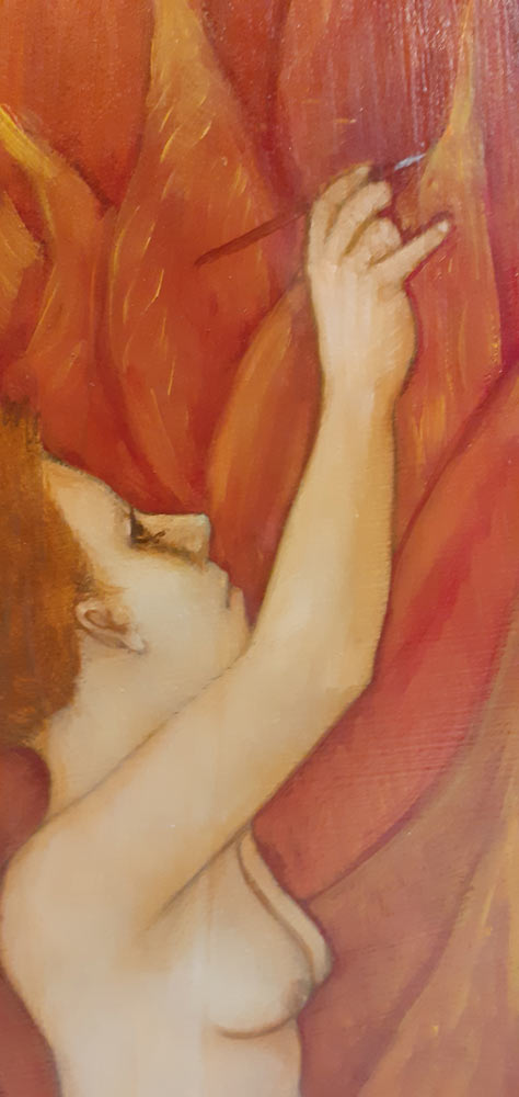 Le détail de la peintresse en train de peindre les flammes qu l'entourent, calmement.