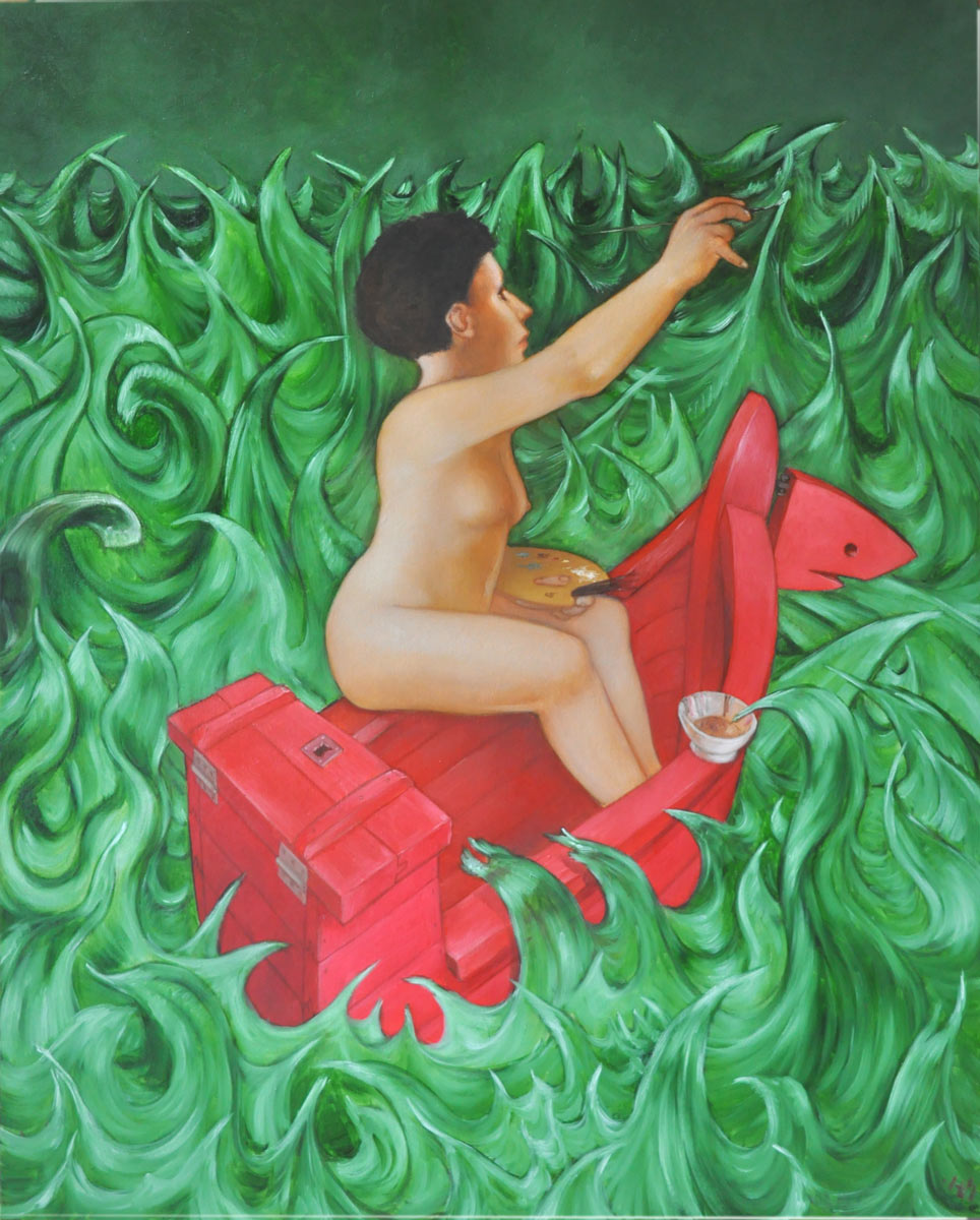 Dans une barque, une femme nue est en train de peindre de grandes vagues qui l'entourent.