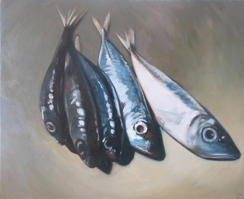 5 sardines posées en éventails sur une tablette ocre, fixant le spectateur. Elles sont vues presque de dessus. Allant du noir au gris bleu noyé de blanc.