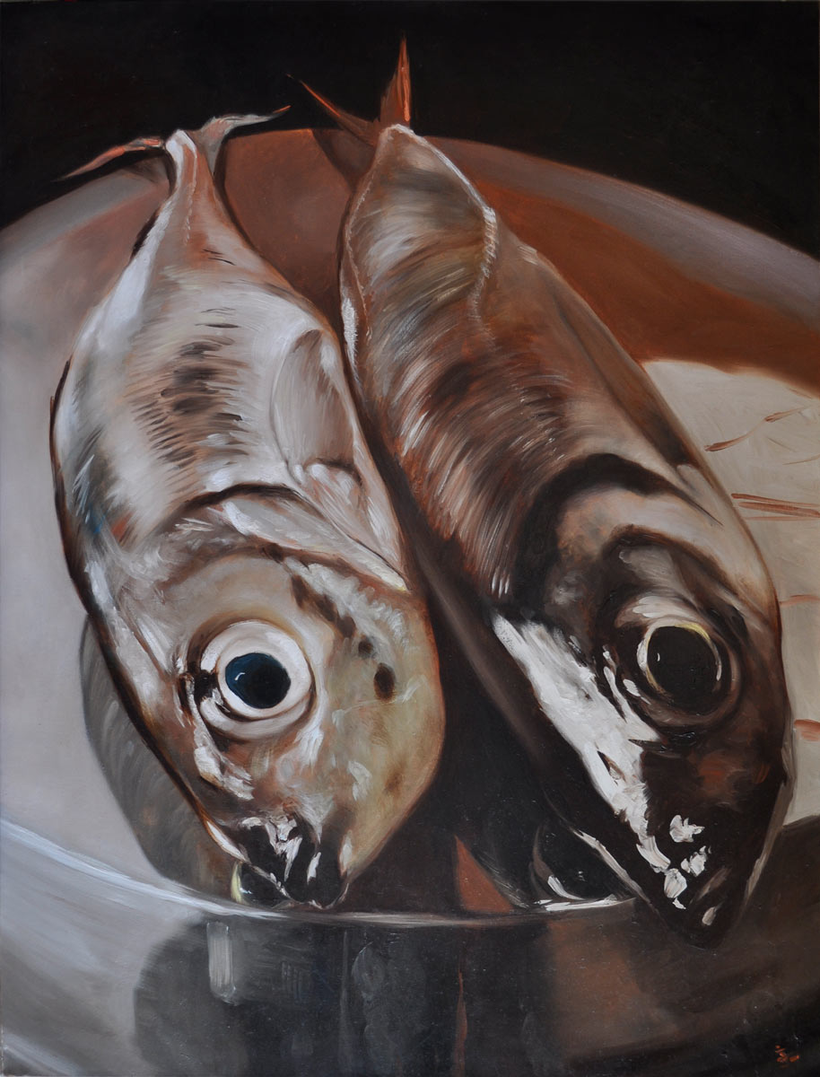 Deux chinchards posés sur une surface métallique. Leurs yeux se reflètent dans l'inox.