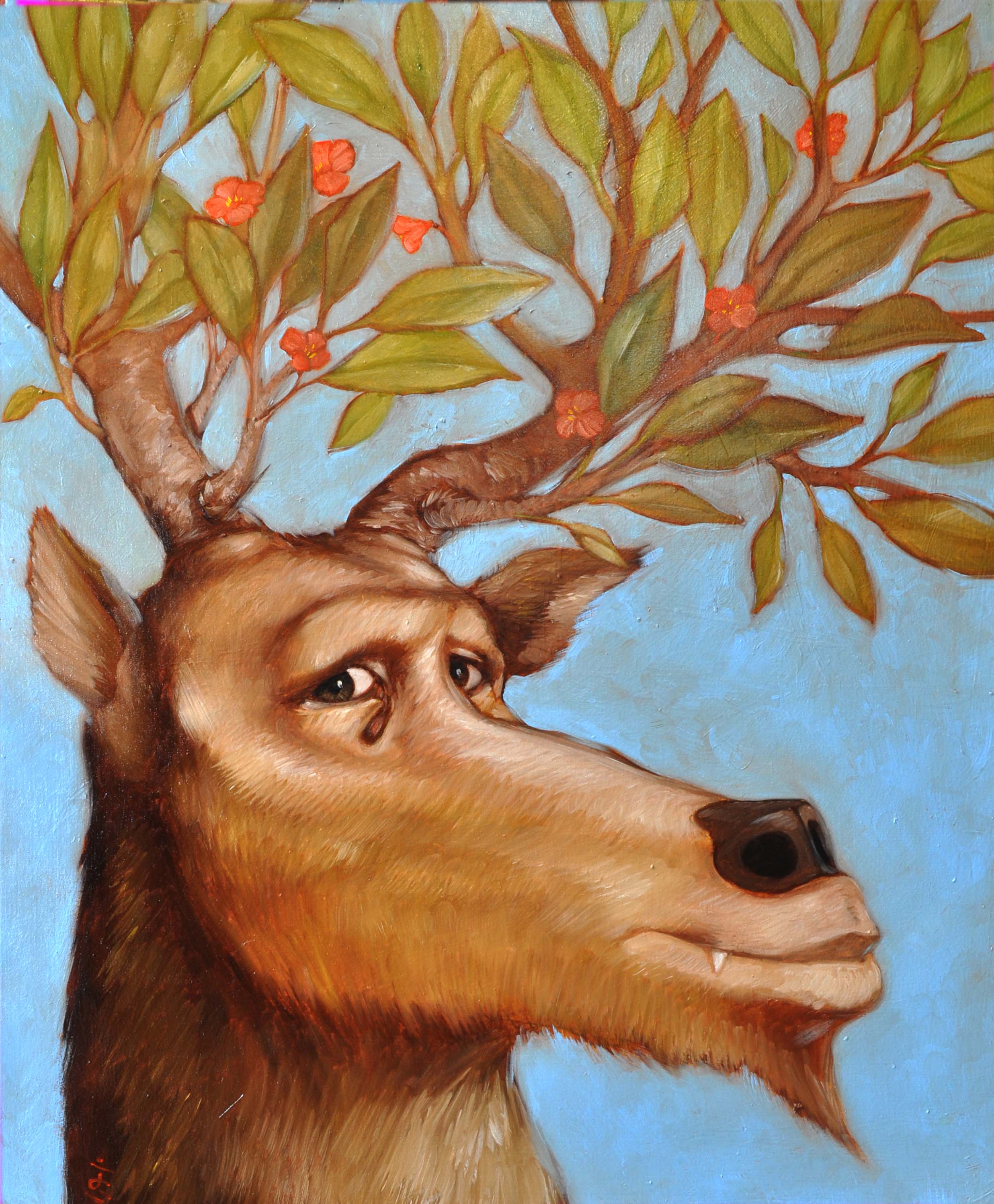 Sur un fond bleu pâle, une tête de cerf, de trois-quart, dont les traits évoquent l'humain. Ses yeux sont ceux d'un humain, qui regarde le spectateur. Il arbore un léger sourire et la pointe d'une canine dépasse de ses lèvres. Ses cornes sont des petits arbres couverts de feuilles et de fleurs rouges.