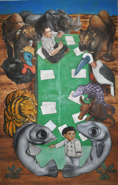 Des animaux entourent une grande table sur laquelle est assis un tailleur au travail.